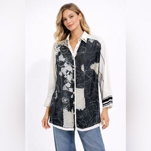 Elisa Cavaletti White Black Button Shirt Size M Italian Designer Artsy Top